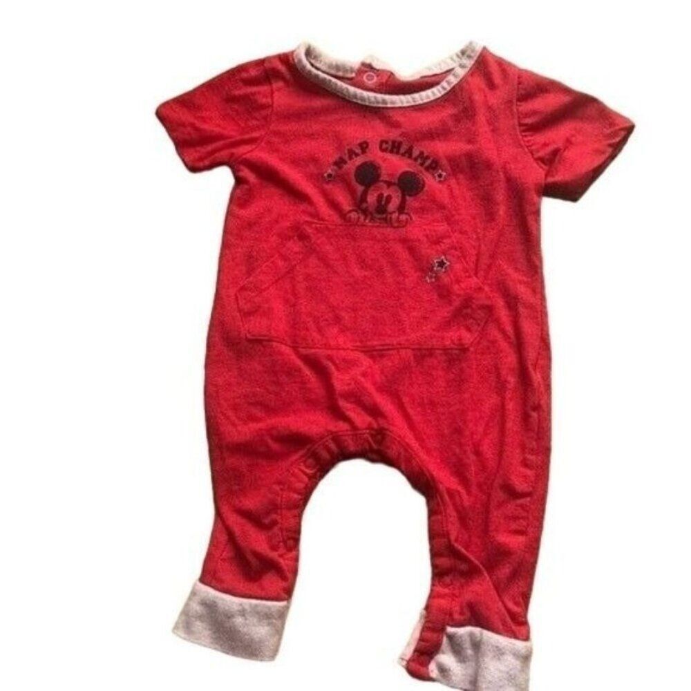 Disney Baby Mickey Mouse Nap Champ Red Romper‎ Onesie 0-3 Months